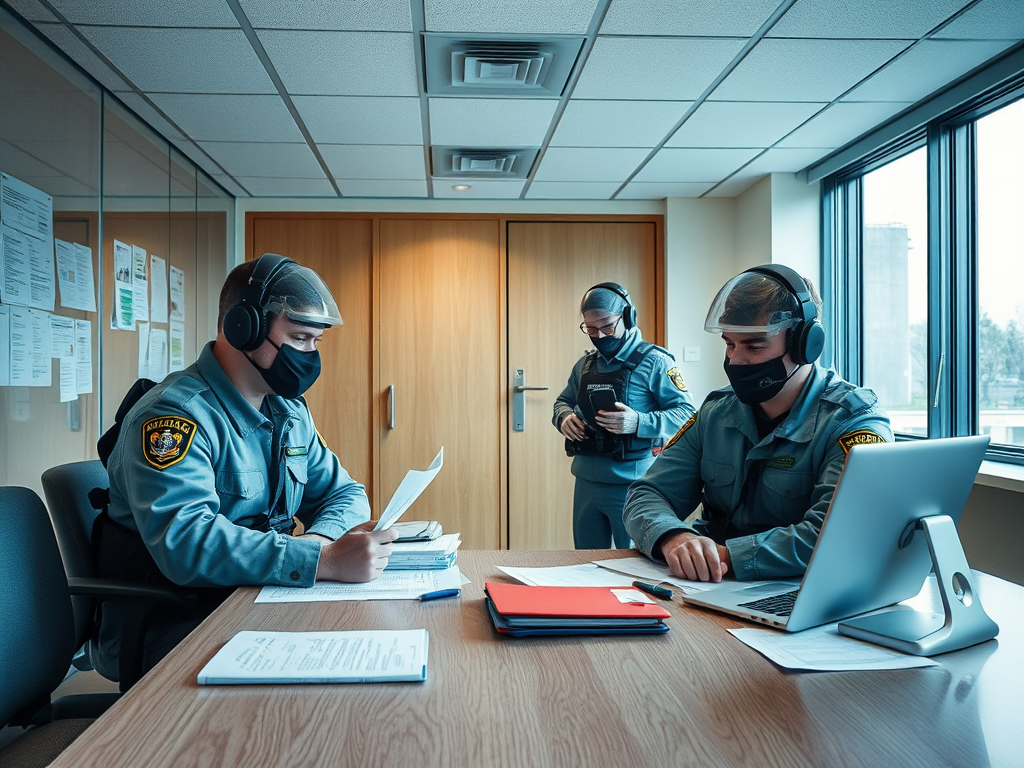 Трое охранников в масках работают в офисе, один читает бумаги, двое используют компьютеры и планшеты.