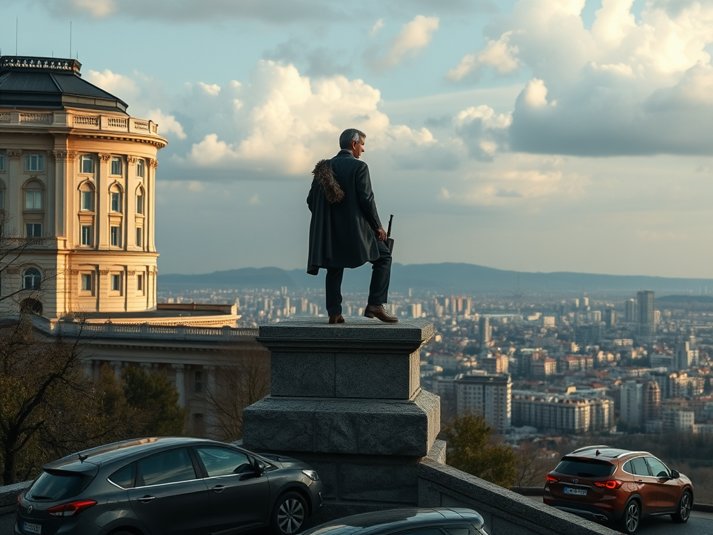На фоне города стоит мужчина в костюме с оружием, смотрящий вдаль с постамента.