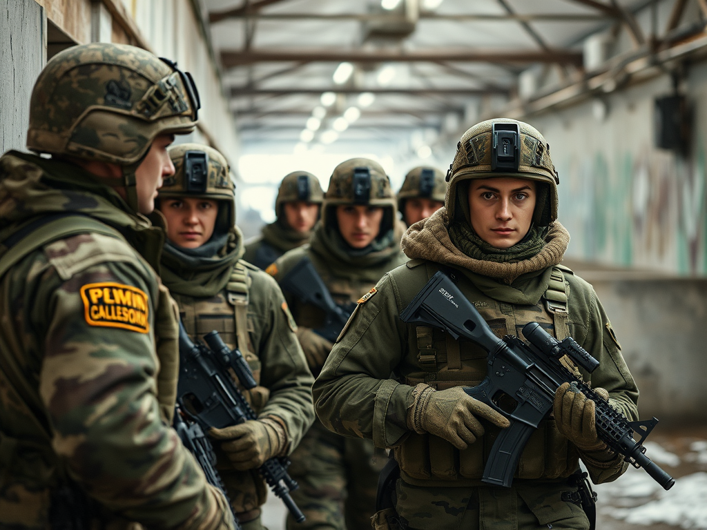 Группа военнослужащих в форме с оружием, готовых к выполнению боевой задачи.