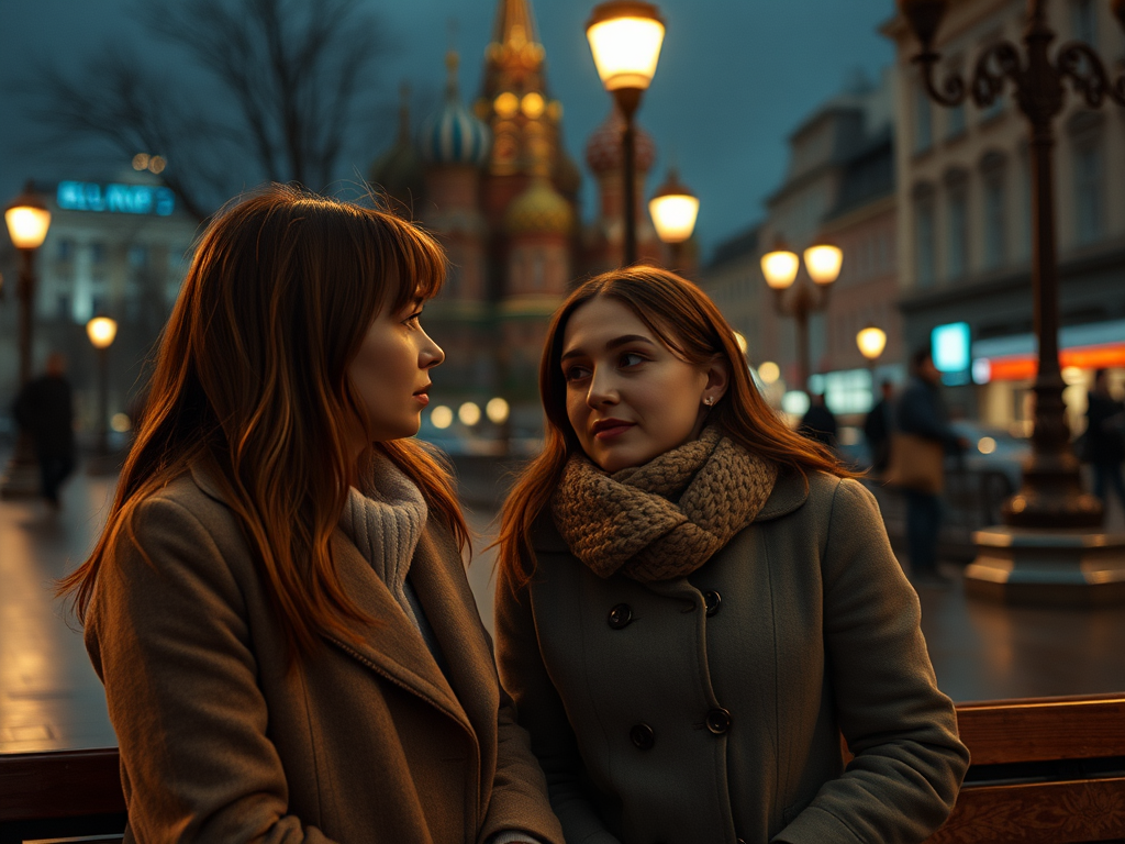 Две девушки в теплых пальто беседуют на улице в вечернее время, на фоне огней города.