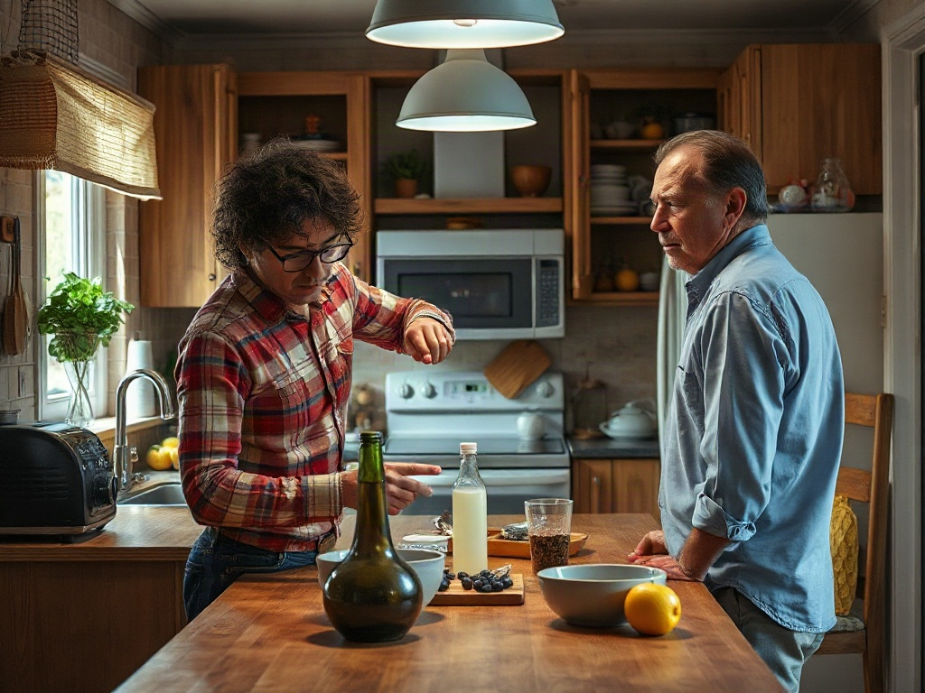 Молодой человек с очками объясняет что-то пожилому мужчине на кухне. На столе еда и напитки.
