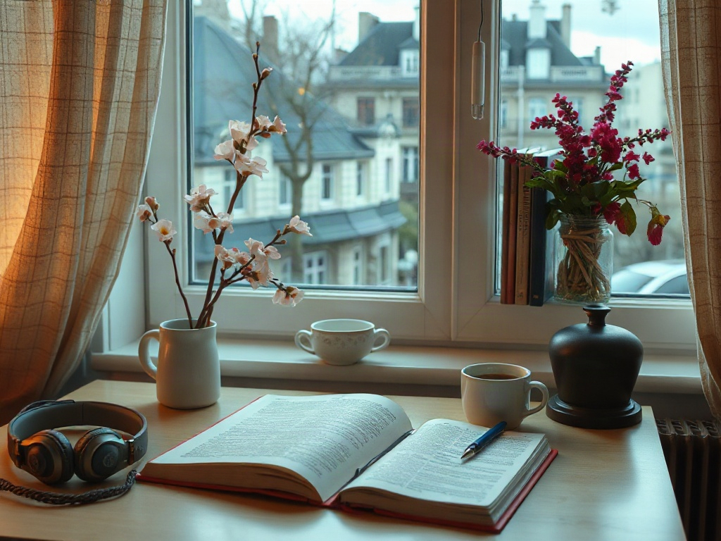 На подоконнике книги, чашки, цветы и наушники, создающие уютную атмосферу для чтения.